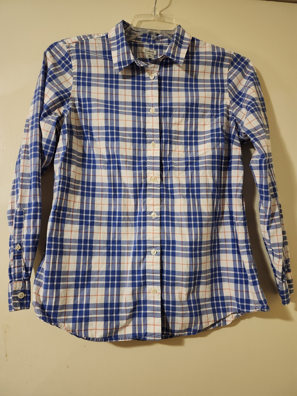 L.L. Bean Men's Preppy Blue, White and Orange Plaid Button-Down Shirt M